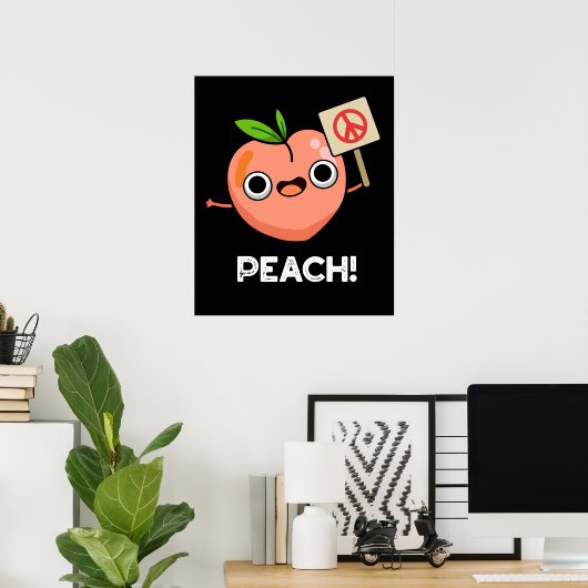Peach Funny Peace Fruit Pun Dark BG Poster (Thuiskantoor)