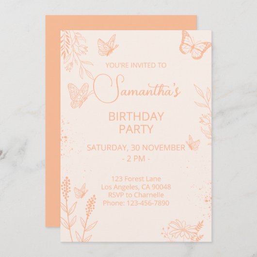 Peach Fuzz Butterfly Verjaardag uitnodiging (Voorkant / Achterkant)