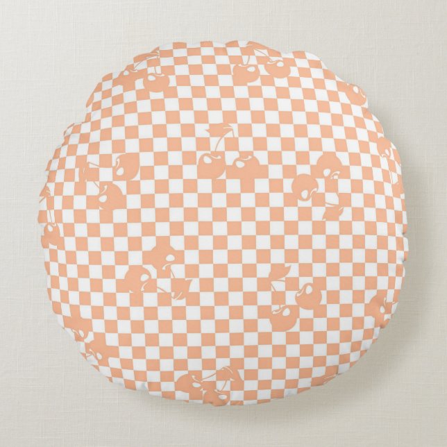 Peach Fuzz Cherry Gingham Pattern Rond Kussen (Voorkant)