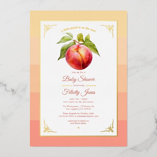 Peach Fuzz en Gold Foil Baby shower Folie Uitnodiging (Voorkant)