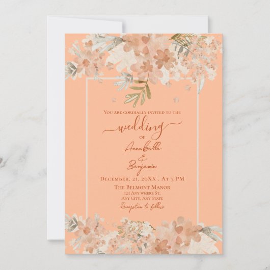 Peach Fuzz en Rust Waterverf Bloemenbruiloft Kaart (Voorkant)