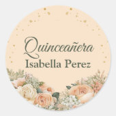 Peach Fuzz Floral en Gold Glitter Quinceanera Ronde Sticker (Voorkant)