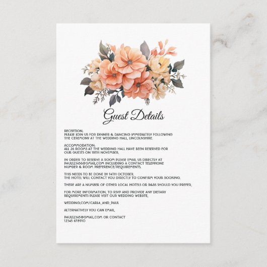 Peach Fuzz Floral Wedding Gastengegevens Informatiekaartje (Voorkant)