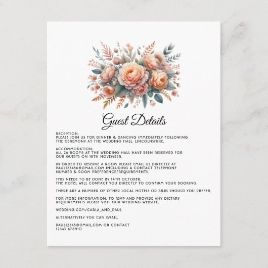 Peach Fuzz Floral Wedding Gastengegevens Informatiekaartje (Voorkant)