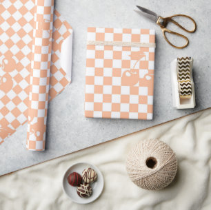 Peach Fuzz Geruit Retro Cherry Plaid Patroon Cadeaupapier