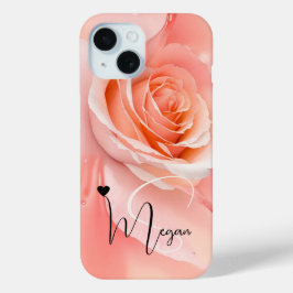 Peach Fuzz Roos Achtergrond Monogram Naam Hart iPhone 15 Case
