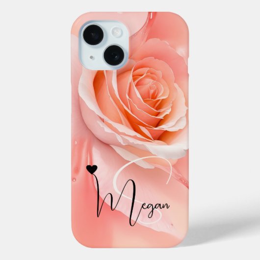 Peach Fuzz Roos Achtergrond Monogram Naam Hart Case-Mate iPhone Case (Achterkant)