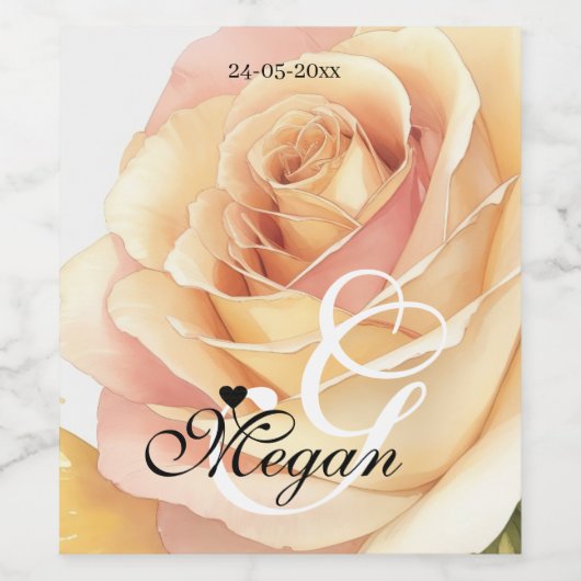 Peach Fuzz Roos Achtergrond Monogram Naam Hart Wijn Etiket (Enkel label)