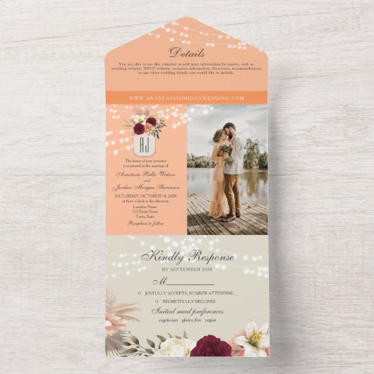 Peach Fuzz Rustieke String Lights Bruiloft All In One Uitnodiging (Binnen)