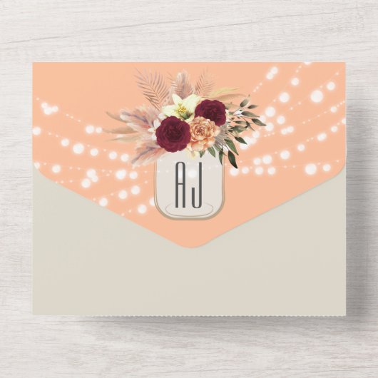 Peach Fuzz Rustieke String Lights Bruiloft All In One Uitnodiging (Achterkant)