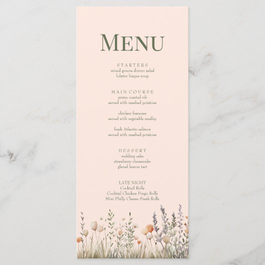 Peach Fuzz Wildflower Meadow Bruiloft Menu (Voorkant)