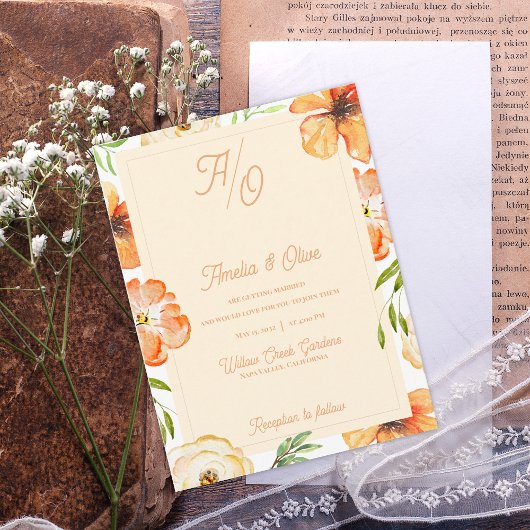 Peach Garden Meadow Floral Monogram Wedding Invite Briefkaart