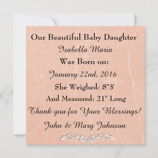 Peach gekleurde baby meisje geboorte aankondiging (Achterkant)