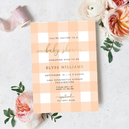 Peach Gingham Baby shower Folie Invitation Folie Uitnodiging