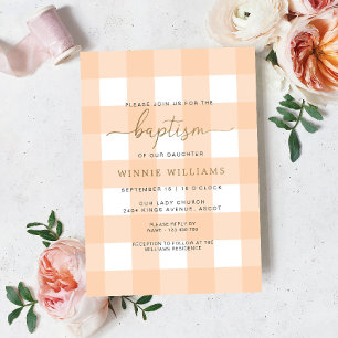 Peach Gingham Baptism Gold Foil uitnodiging
