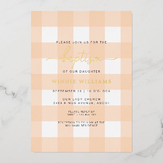Peach Gingham Baptism Gold Foil uitnodiging (Voorkant)