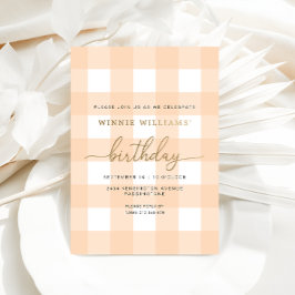 Peach Gingham Birthday Gold Foil uitnodiging
