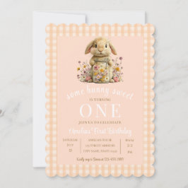Peach Gingham Bunny 1st Birthday Invite Kaart