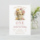 Peach Gingham Bunny 1st Birthday Invite with Scall Kaart (Staand voorkant)