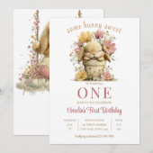 Peach Gingham Bunny 1st Birthday Invite with Scall Kaart (Voorkant / Achterkant)