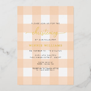 Peach Gingham Christening Folie Uitnodiging