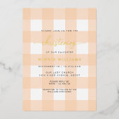 Peach Gingham Christening Folie Uitnodiging (Voorkant)