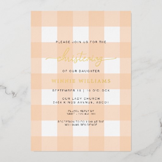 Peach Gingham Christening Folie Uitnodiging (Voorkant)