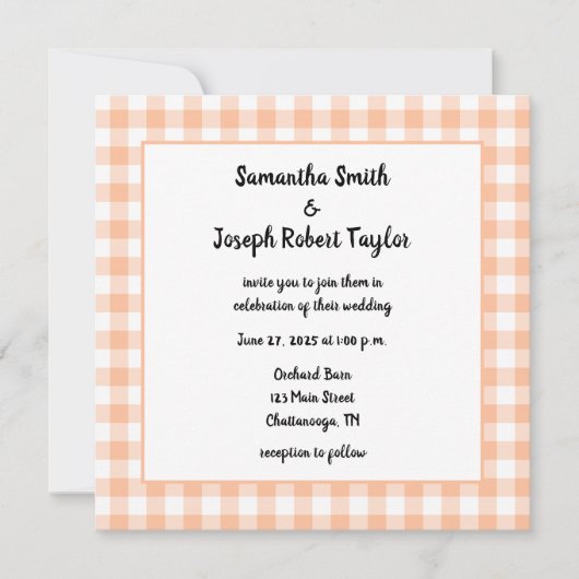 Peach Gingham Country Wedding Kaart (Voorkant)