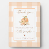 Peach Gingham Een beetje pompoen Baby shower gunst Fotoplaat (voorkant)