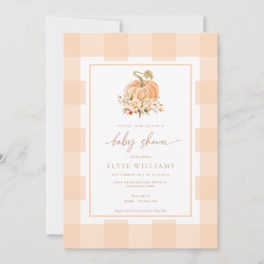 Peach Gingham Een beetje pompoen Baby shower Kaart (Voorkant)