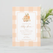 Peach Gingham Een beetje pompoen Baby shower Kaart (Staand voorkant)