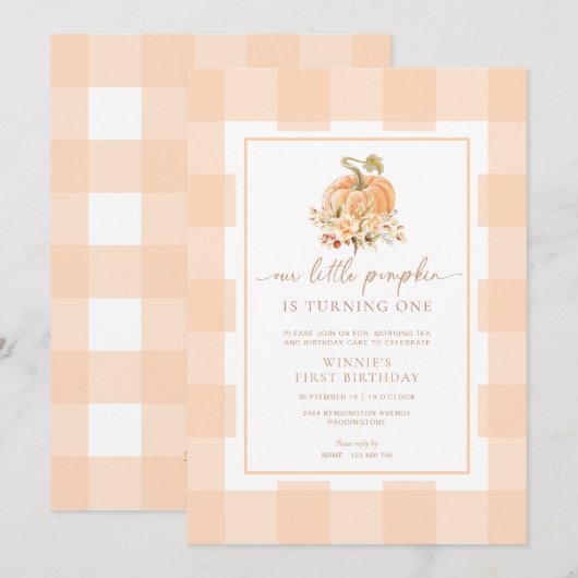 Peach Gingham Een beetje pompoen Eerste Verjaardag Kaart (Voorkant / Achterkant)