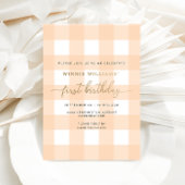 Peach Gingham First Birthday Gold Foil Invitation Folie Uitnodiging
