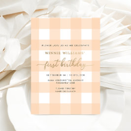 Peach Gingham First Birthday Gold Foil Invitation Folie Uitnodiging