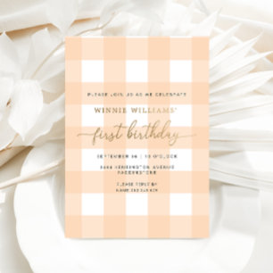 Peach Gingham First Birthday Gold Foil Invitation Folie Uitnodiging