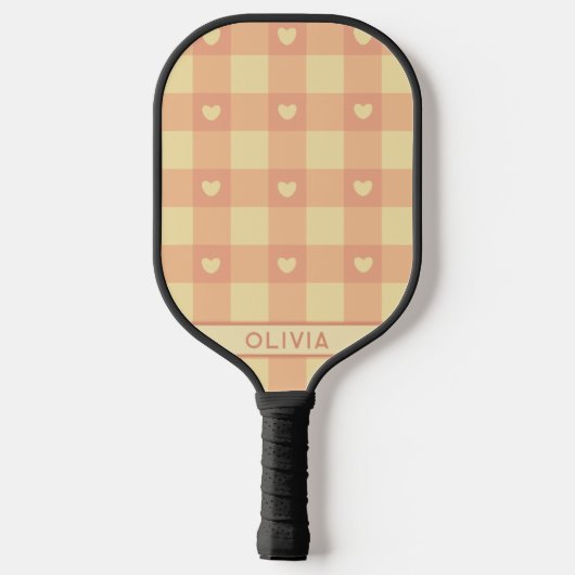 Peach Gingham Heart Pattern, Cute Kawaii Checkered Pickleball Paddle (Achterkant)