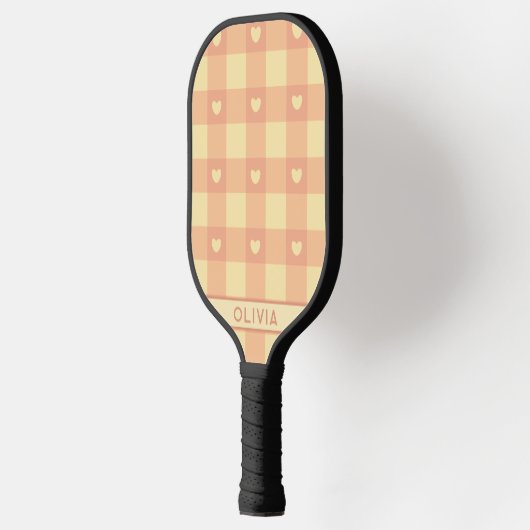 Peach Gingham Heart Pattern, Cute Kawaii Checkered Pickleball Paddle (Links)