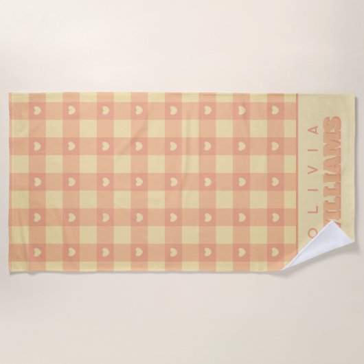 Peach Gingham Heart Pattern, Cute Kawaii Checkered Strandlaken (Voorkant)