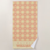 Peach Gingham Heart Pattern, Cute Kawaii Checkered Strandlaken (Voorkant)