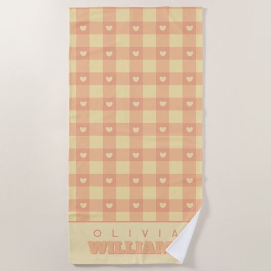 Peach Gingham Heart Pattern, Cute Kawaii Checkered Strandlaken (Voorkant)