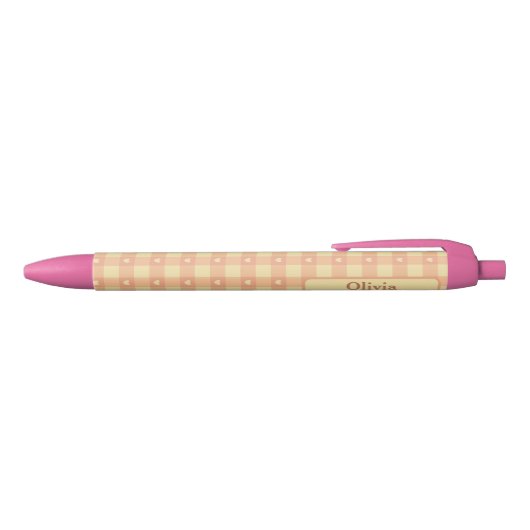 Peach Gingham Heart Pattern, Cute Kawaii Checkered Zwarte Inkt Pen (Bovenkant)