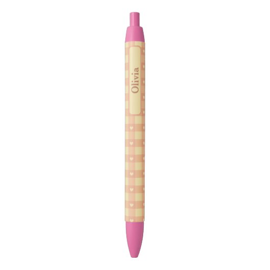 Peach Gingham Heart Pattern, Cute Kawaii Checkered Zwarte Inkt Pen (Voorkant Verticaal)