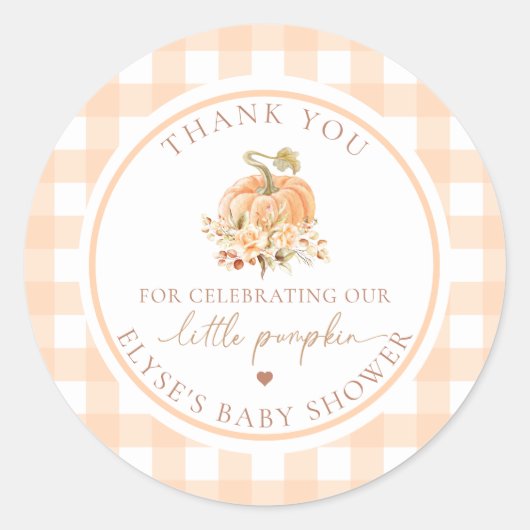 Peach Gingham Herfst Onze kleine pompoen Dank u Ronde Sticker (Voorkant)