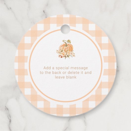 Peach Gingham pompoen Pop het als ze Poppen Bedankjes Labels (Achterkant)