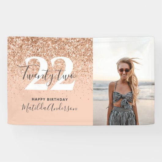 Peach giro modern glitter chic verjaardagdecor spandoek (Horizontaal)