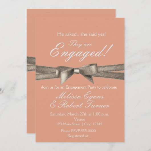 Peach & Glamour Sparkle Bow Party uitnodiging (Voorkant / Achterkant)