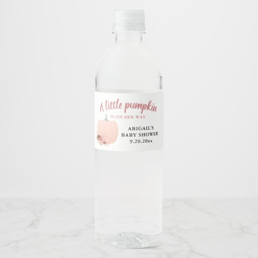 Peach Glitter Baby shower Een kleine pompoen Waterfles Etiket (Voorkant)