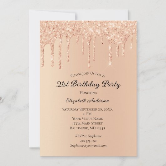 Peach glitter Drips Trendy Glam 21st Birthday Invi Kaart (Voorkant)
