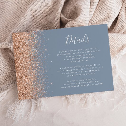 Peach Glitter Dusty Blue Wedding Details Informatiekaartje