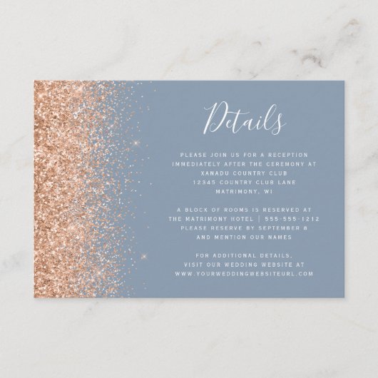 Peach Glitter Dusty Blue Wedding Details Informatiekaartje (Voorkant)